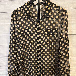 Chico’s Sheer Blouse Women’s 2 Black Gold Dot Button Up Long Sleeve